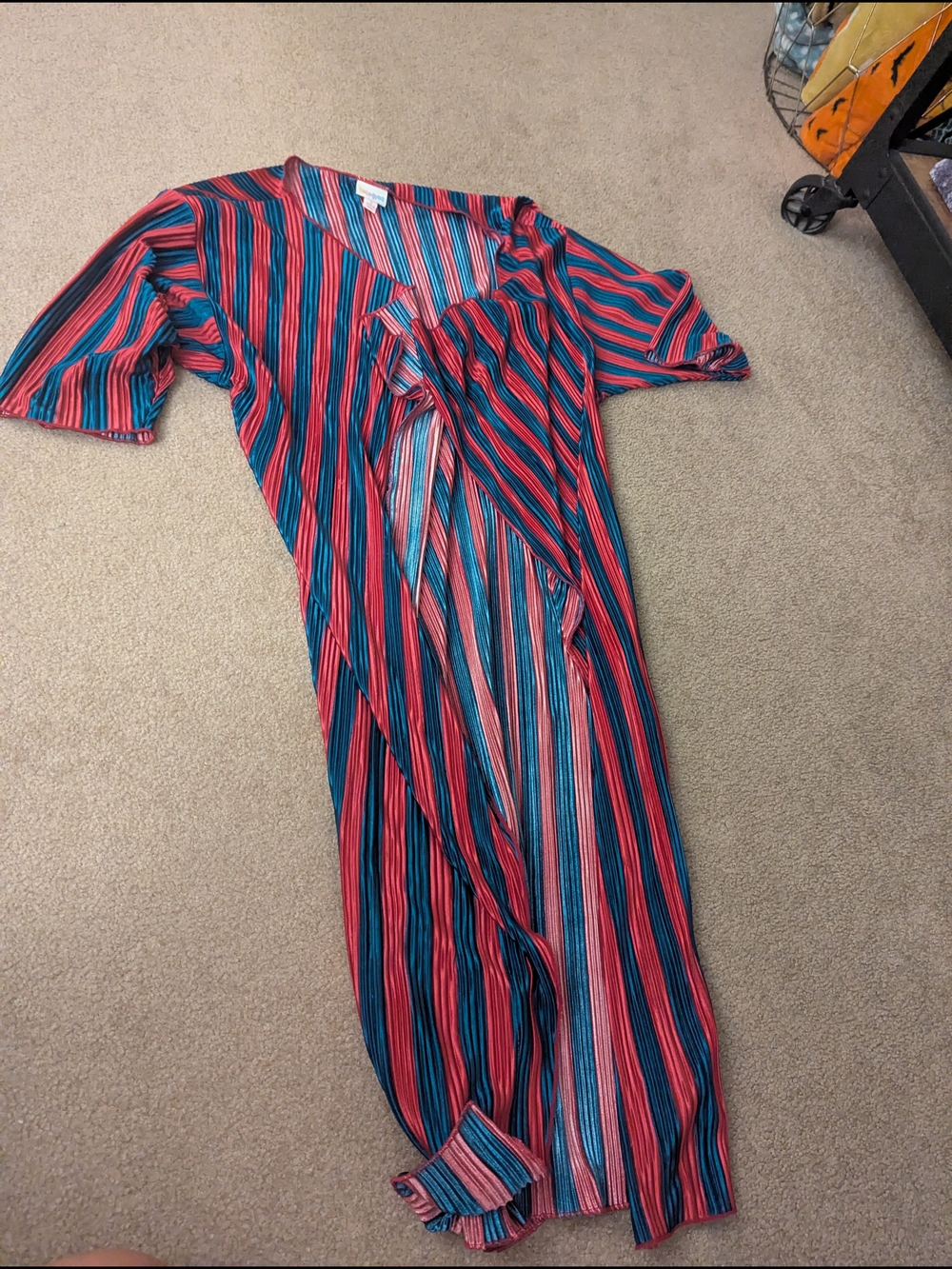 LuLaRoe Women's Open Front Cover Up in Red and Teal Stripes